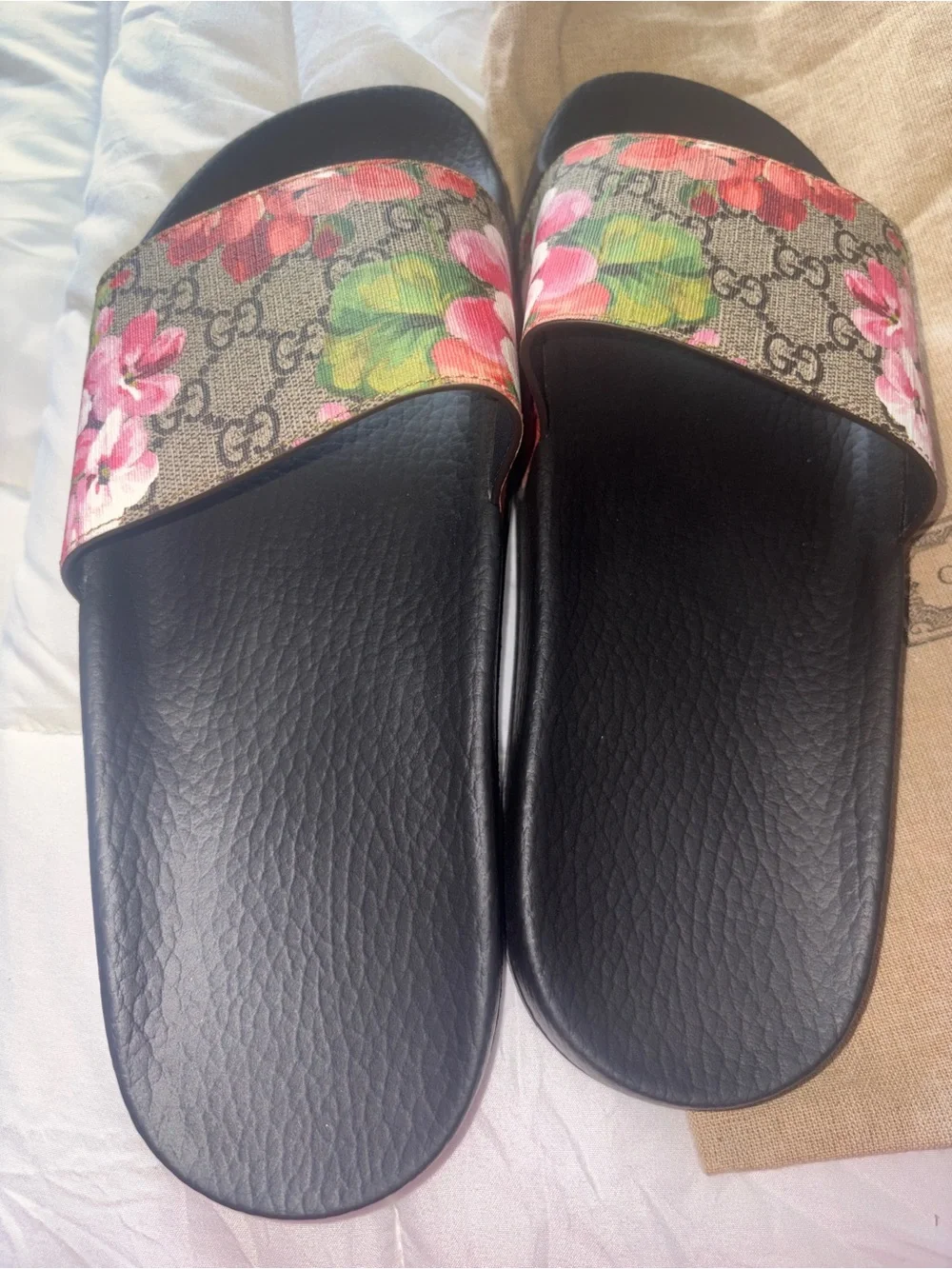 Gucci Black Slide Sandals with Floral Monogram Strap